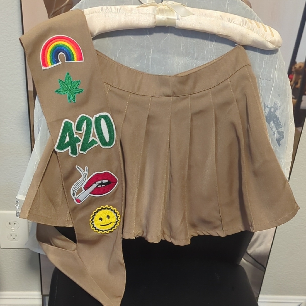 Pleated Tan Mini Skirt with Patchwork Accent